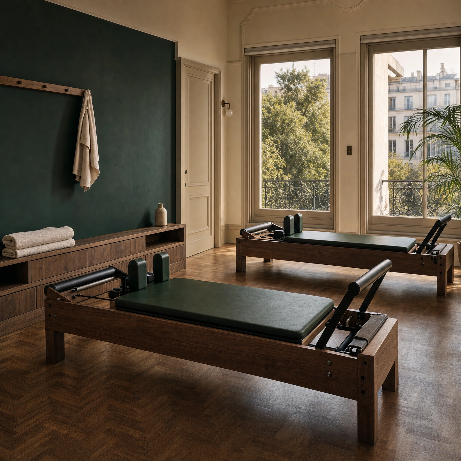 Visualización conceptual con IA de un estudio de Pilates con dos reformers de nogal, tapizado verde profundo y luz suave de la tarde